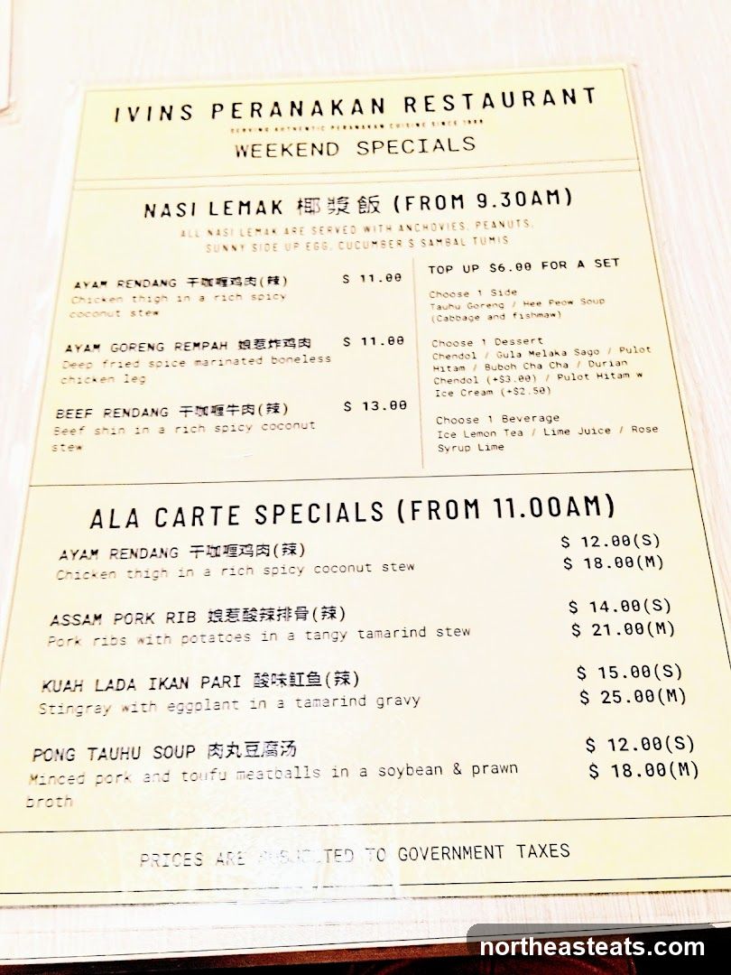 IVINS PERANAKAN RESTAURANT WEEKEND SPECIALS