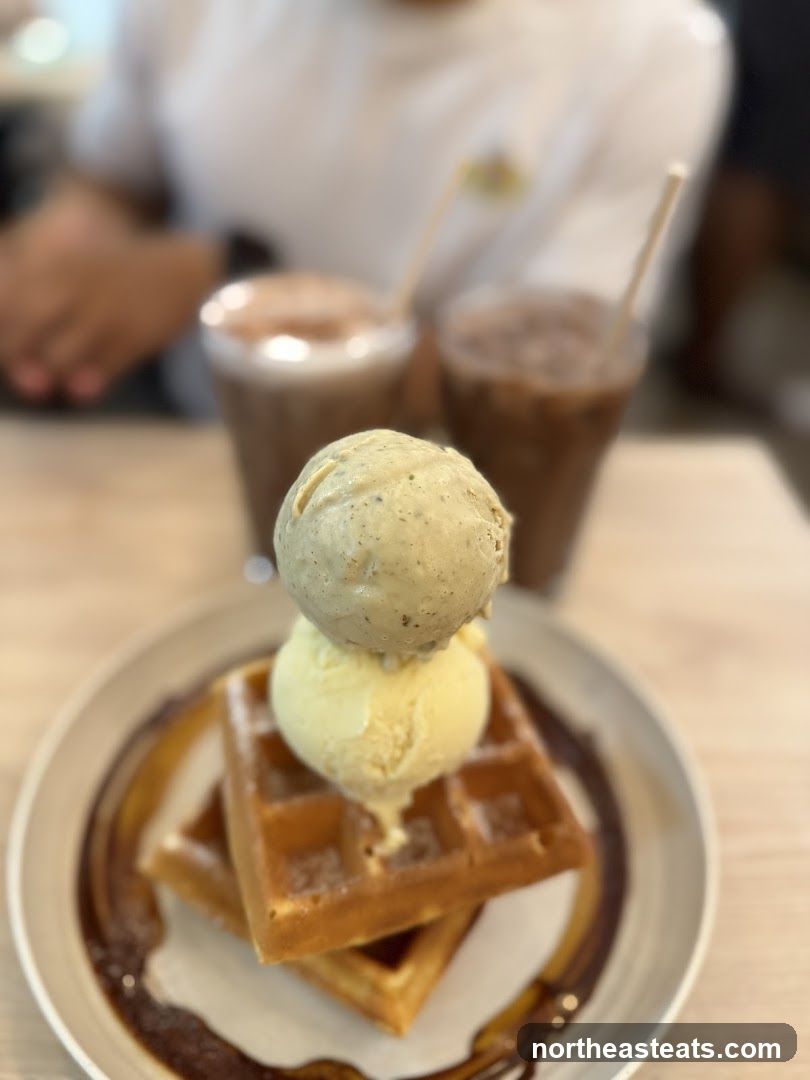 Waffles with Ice Cream and Drinks