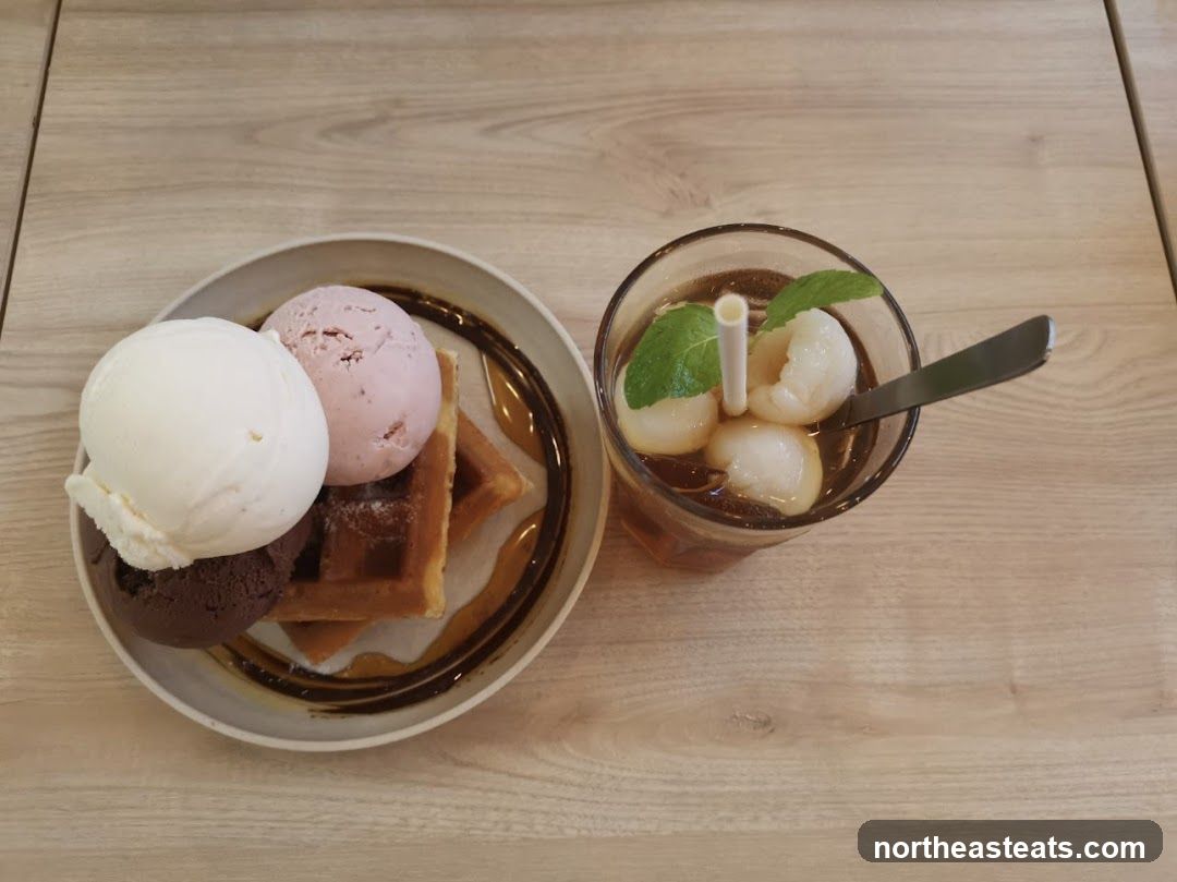 Waffle with Ice Cream and Lychee Drink