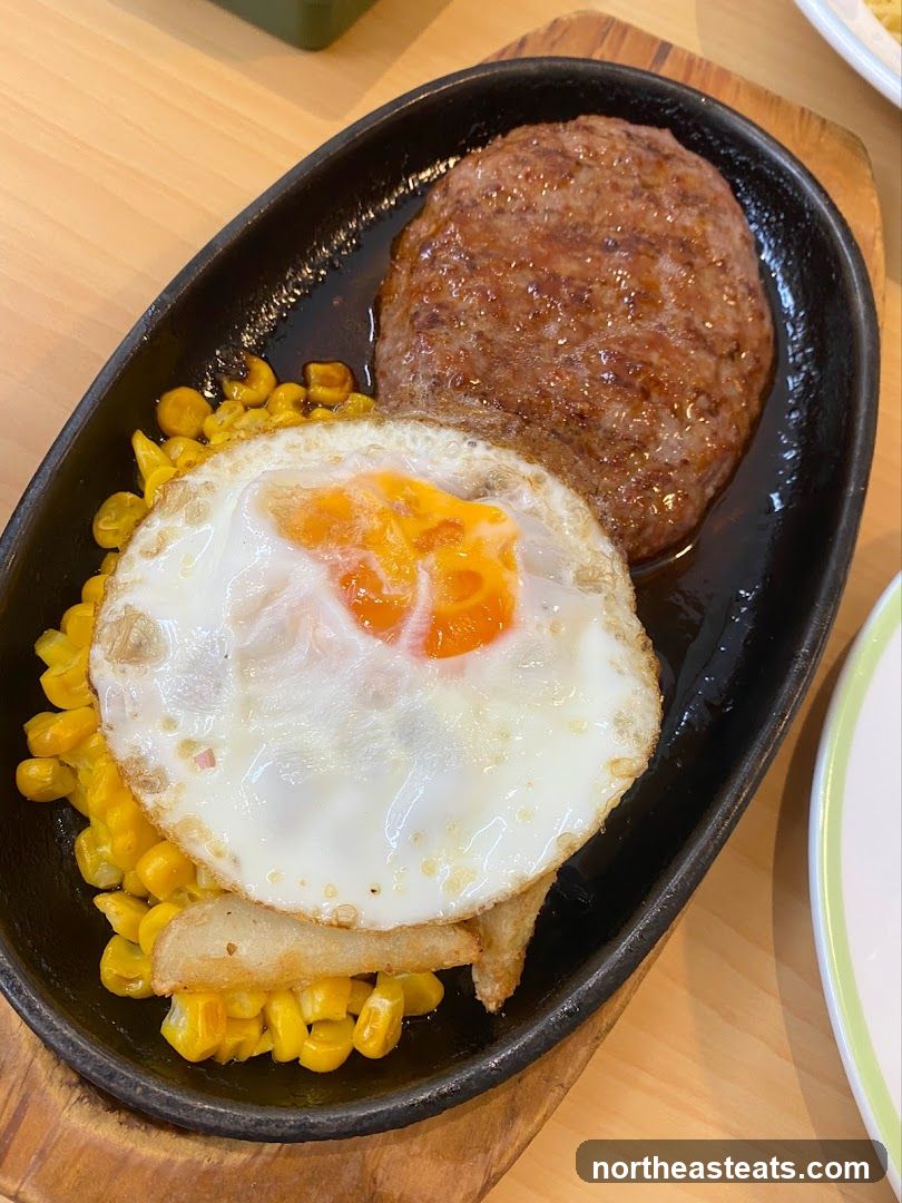 Hamburger Steak with Fried Egg and Corn
