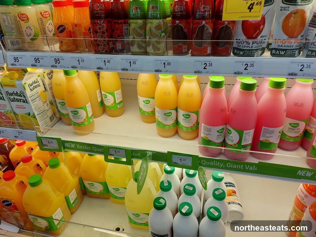 Assortment of Juices and Drinks in a Supermarket Cooler