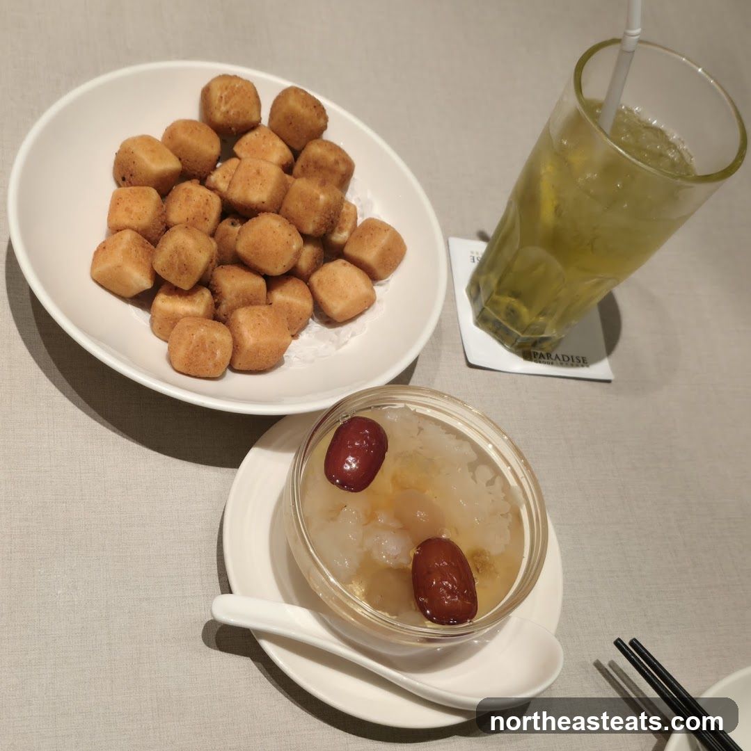 Fried Tofu Cubes with Dessert and Drink