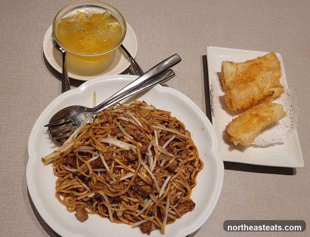 Noodles with Fried Spring Rolls and Dessert