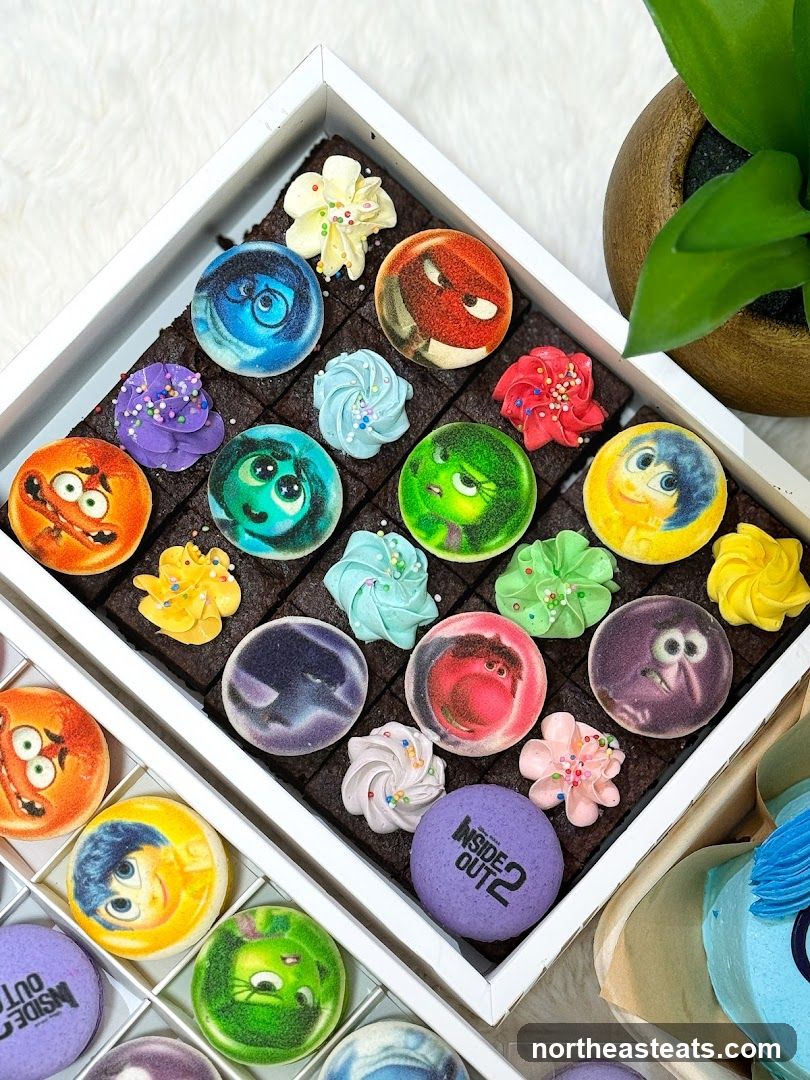 Inside Out themed brownies and macarons