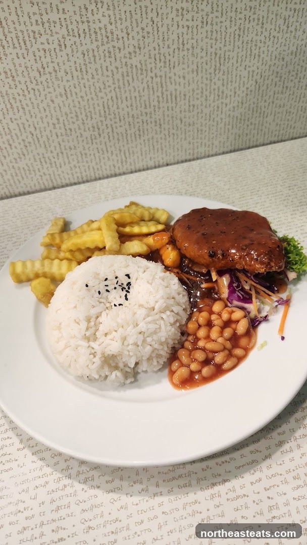 Meal with Rice, Fries, and Burger