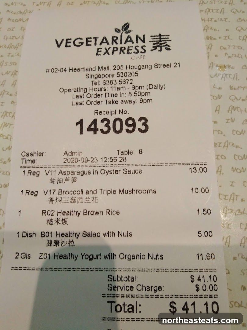 Vegetarian Express Cafe Receipt