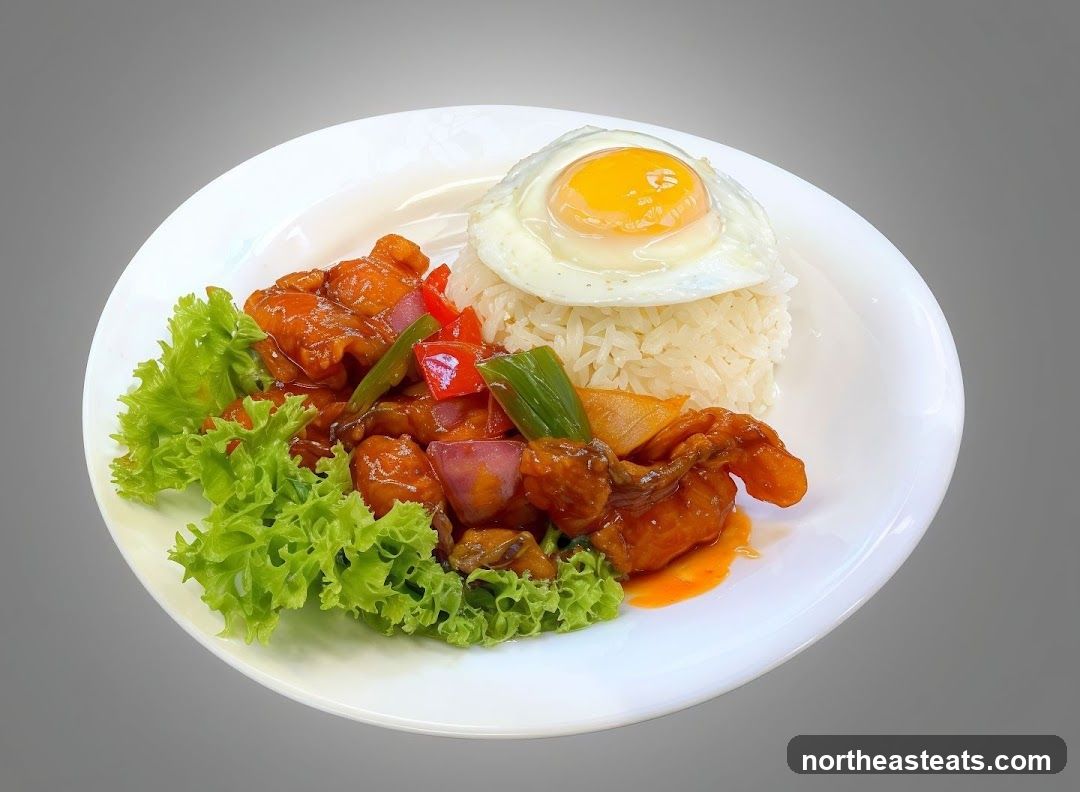 Sweet and Sour Chicken with Rice and Fried Egg