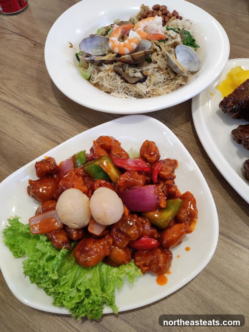 Sweet and Sour Pork with Lychees and Stir-fried Noodles