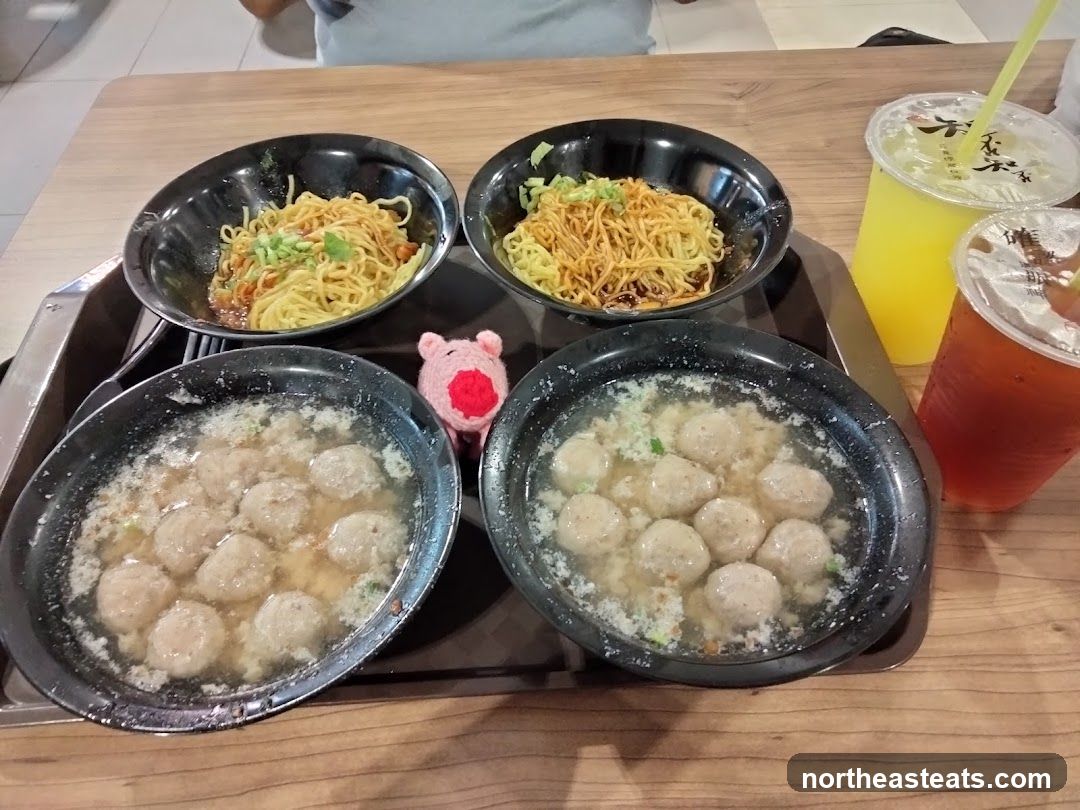 Noodle and Meatball Soup with Drinks