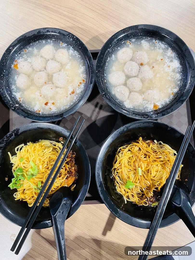 Two bowls of noodles with meatballs