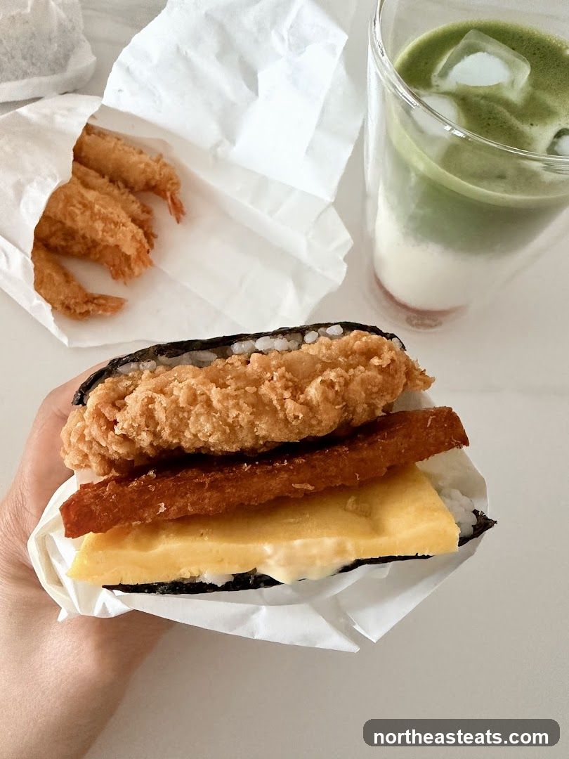 Onigirazu with Fried Shrimp and Matcha Latte