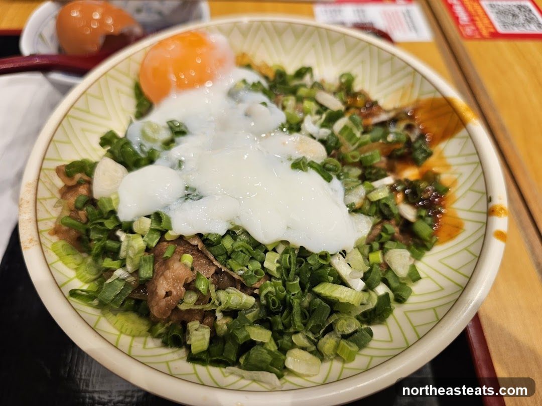 Beef bowl with egg and scallions