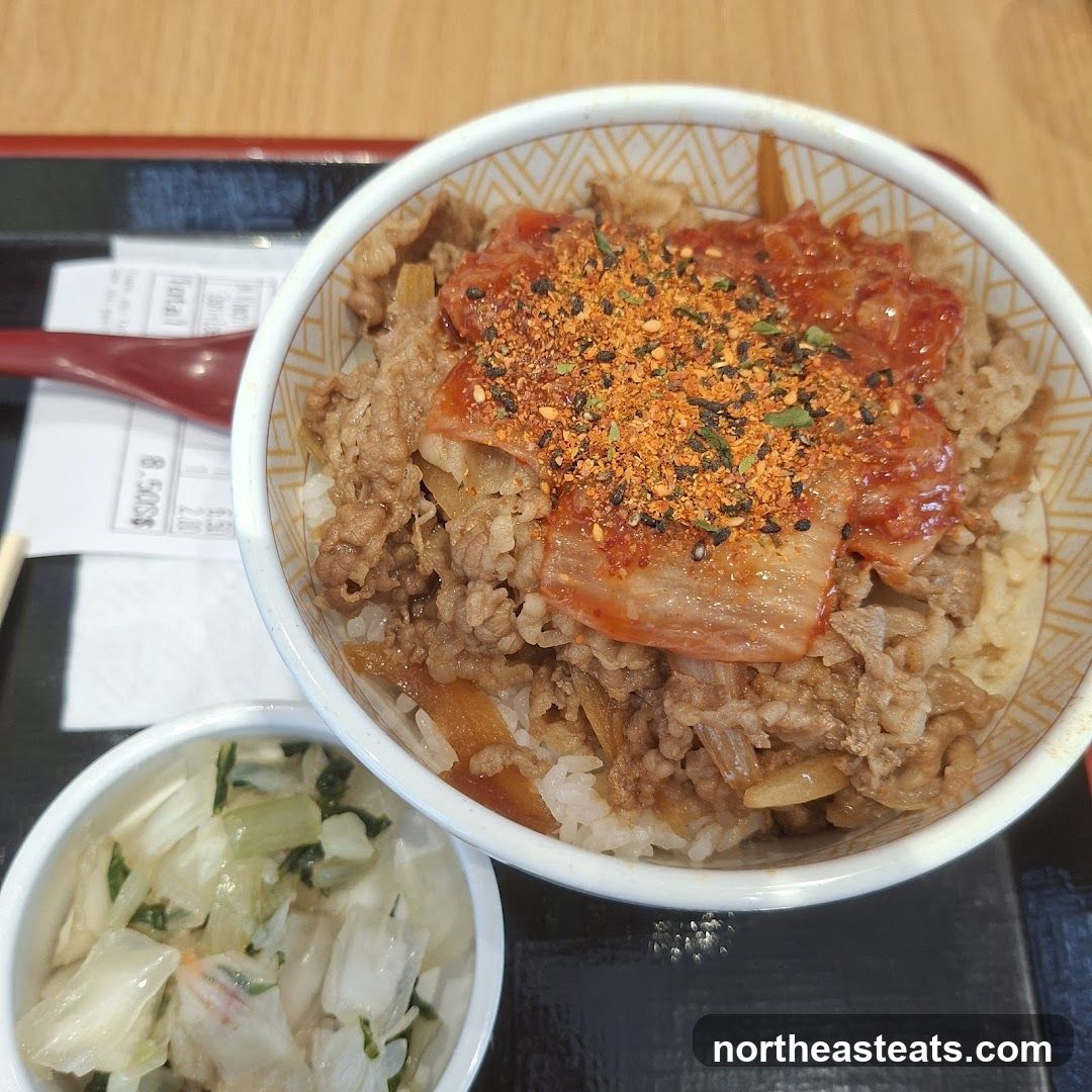 Beef bowl with kimchi and side dish