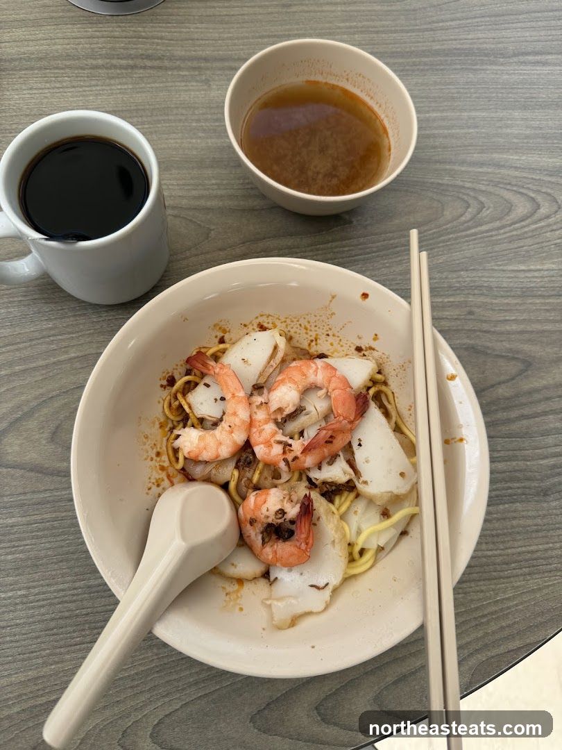Noodle Dish with Shrimp and Coffee
