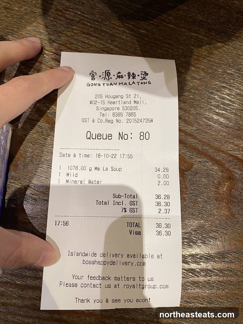 Receipt from Gong Yuan Mala Tang