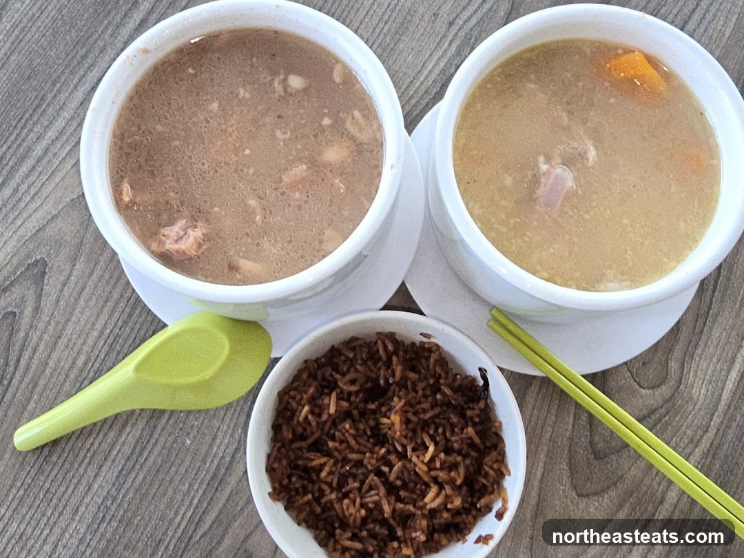 Two bowls of soup with rice