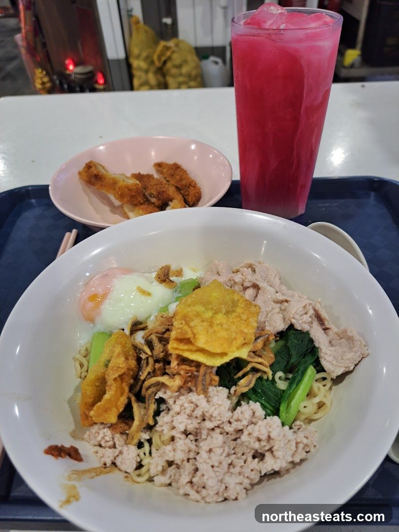 Noodle Dish with Fried Chicken and Drink