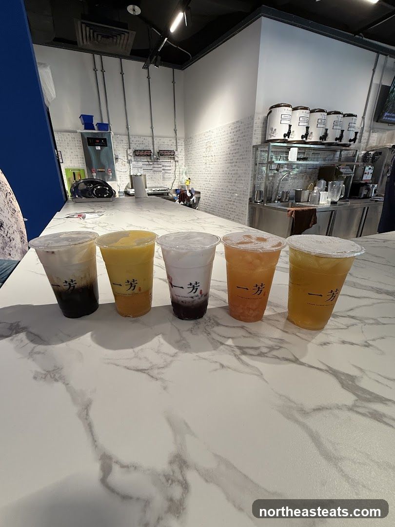 Five Bubble Teas Lined Up on a Counter