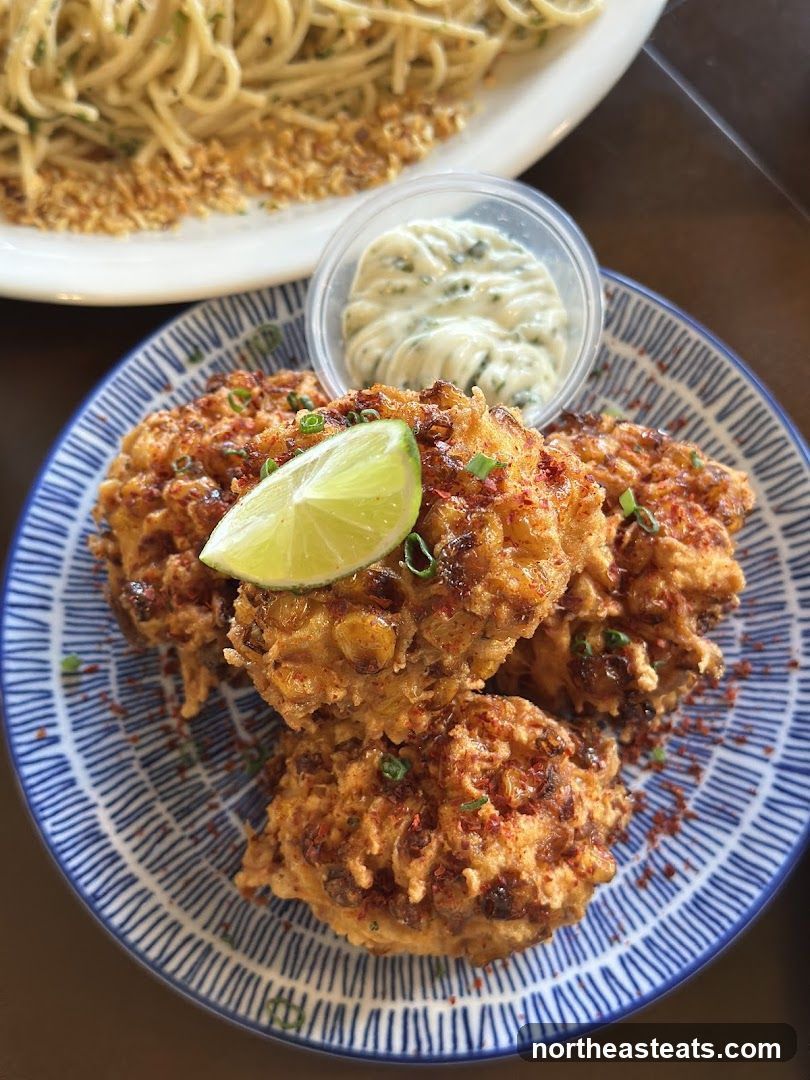 Fried Corn Fritters with Dip and Pasta