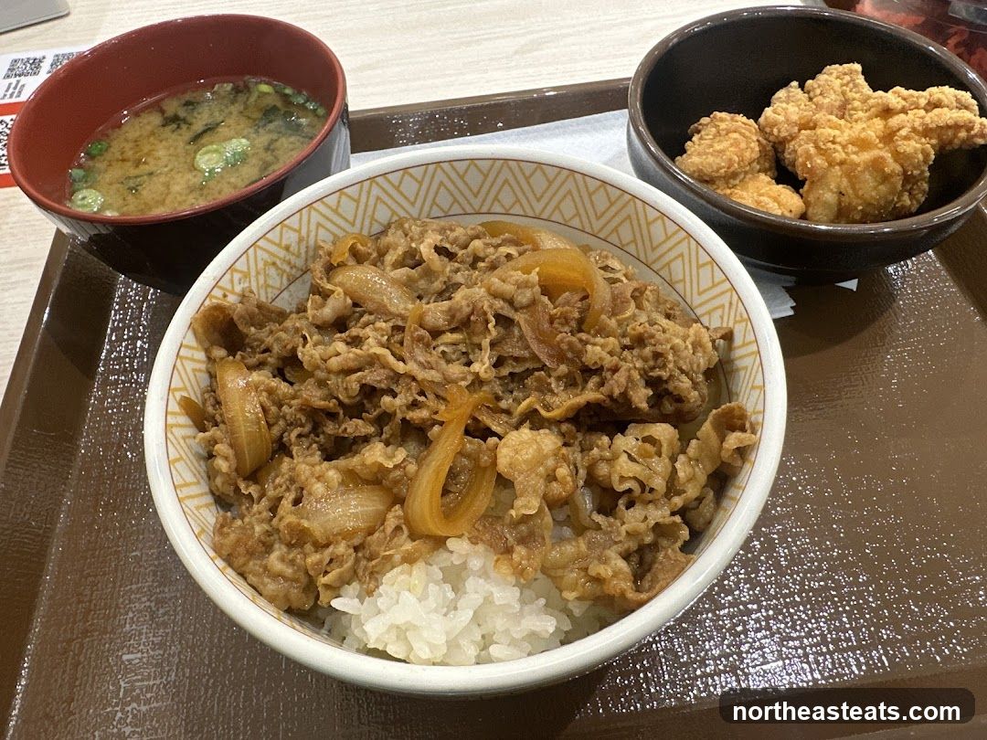 Beef bowl with miso soup and fried chicken