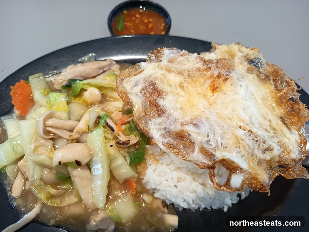 Stir-fried dish with rice and fried egg