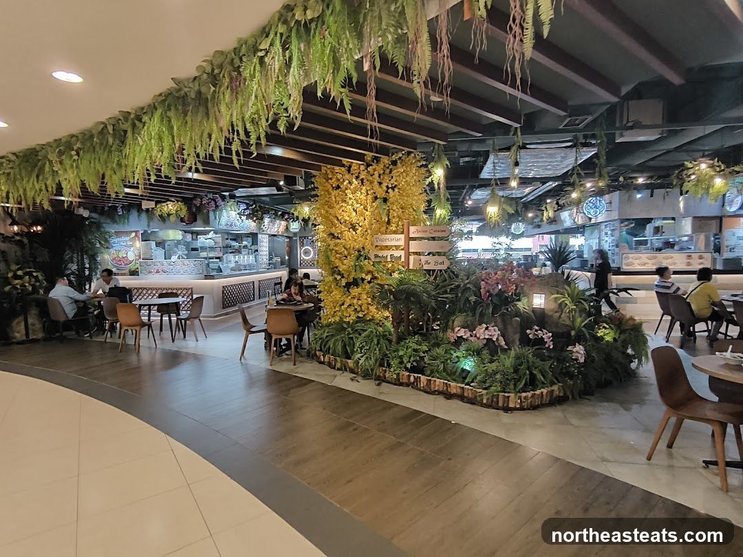 Food Court with Lush Greenery