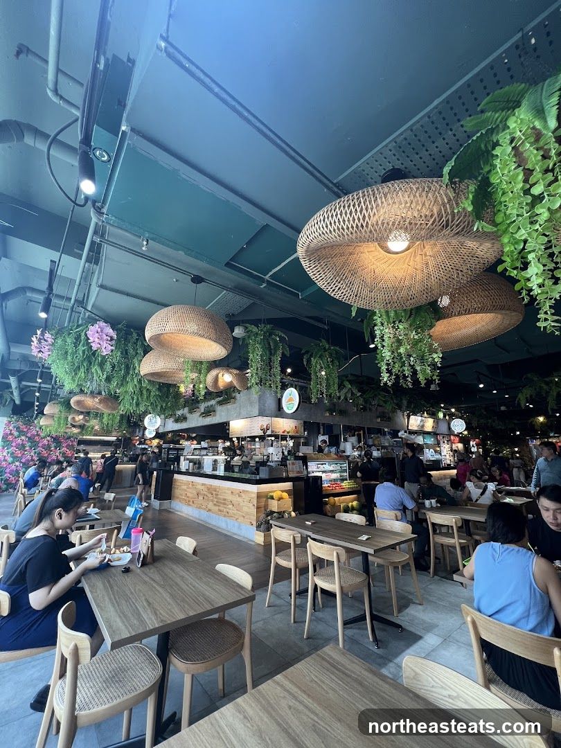 Restaurant Interior with Hanging Plants and Woven Lamps