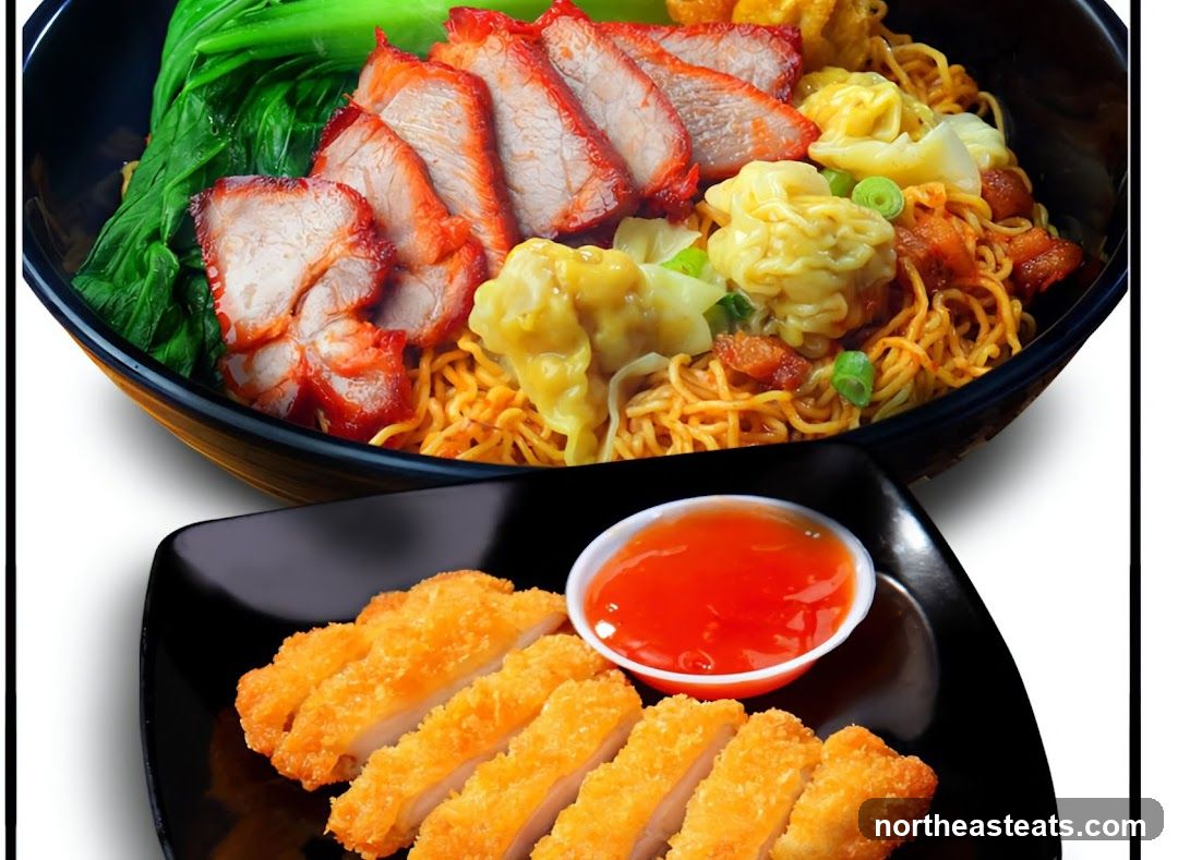 Noodle Dish with Sliced Pork and Fried Chicken