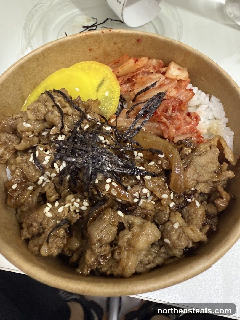 Beef bowl with kimchi and pickled radish