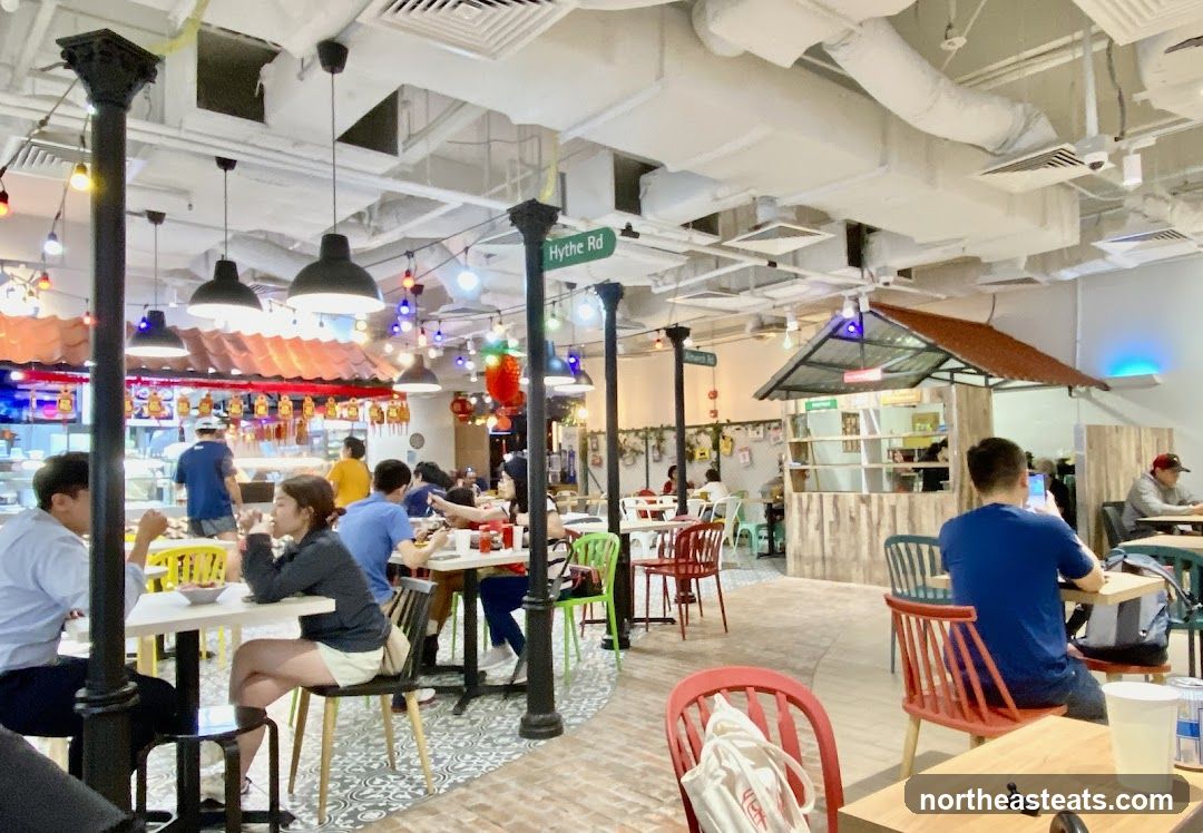 Indoor dining area with street sign decor