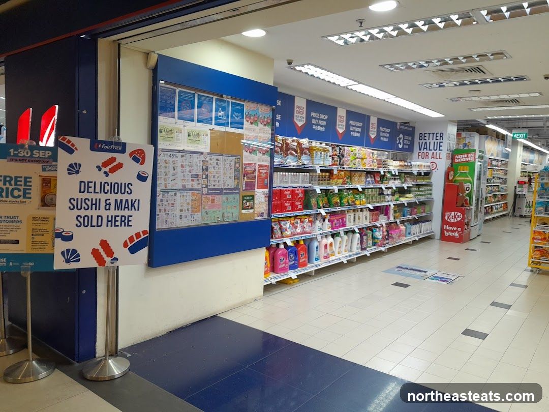 Supermarket aisle with promotional signs