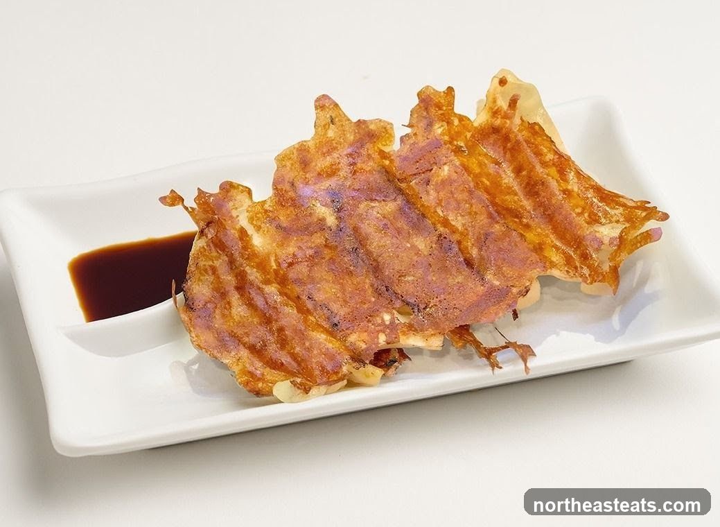 Pan-fried dumplings with dipping sauce