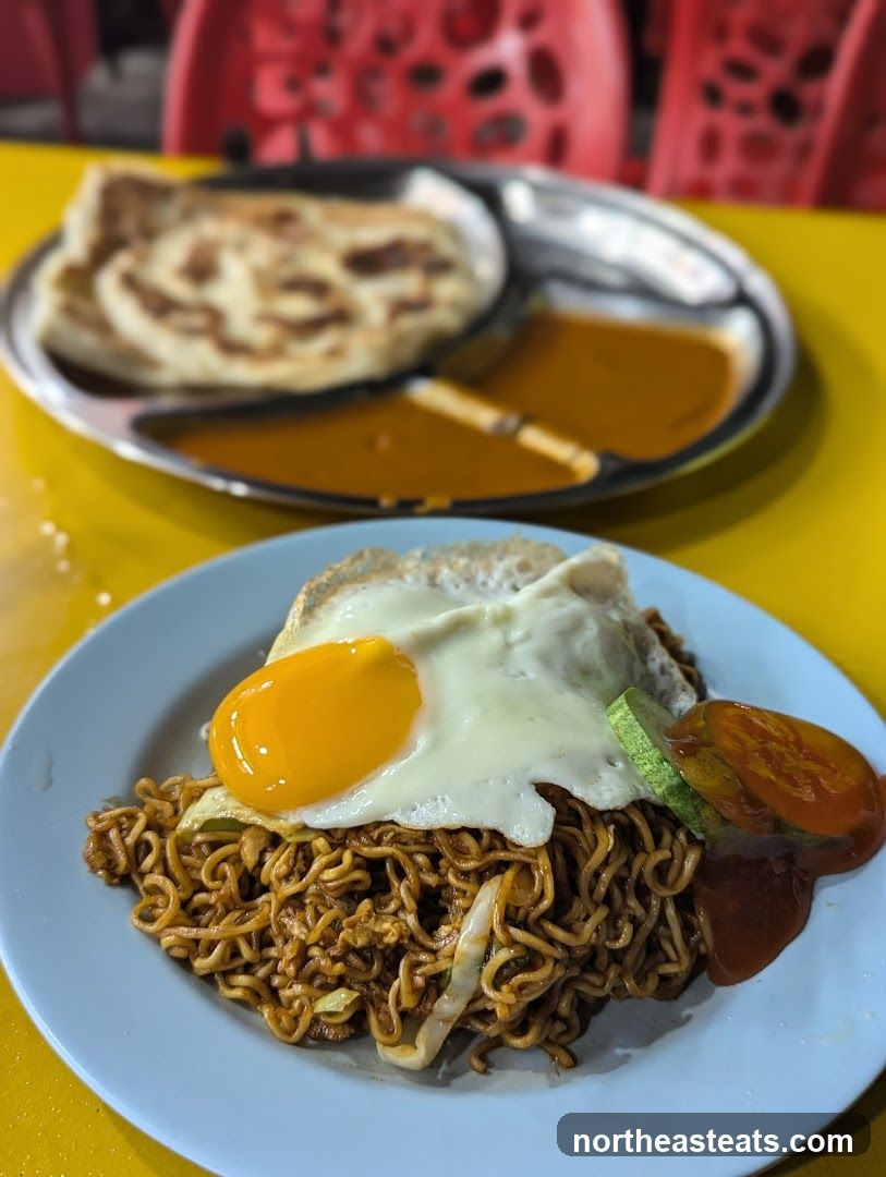 Noodles with Fried Egg and Roti Canai
