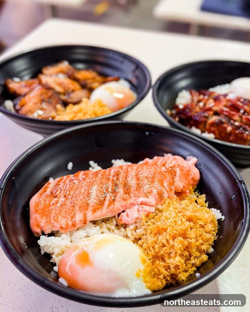 Three Bowls of Rice with Toppings
