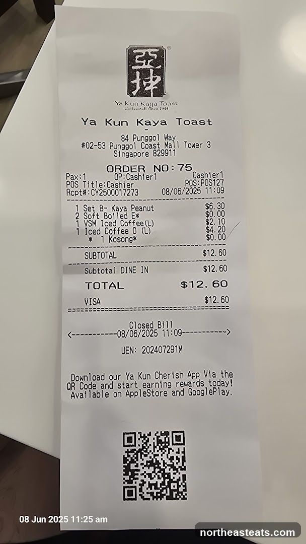 Receipt from Ya Kun Kaya Toast