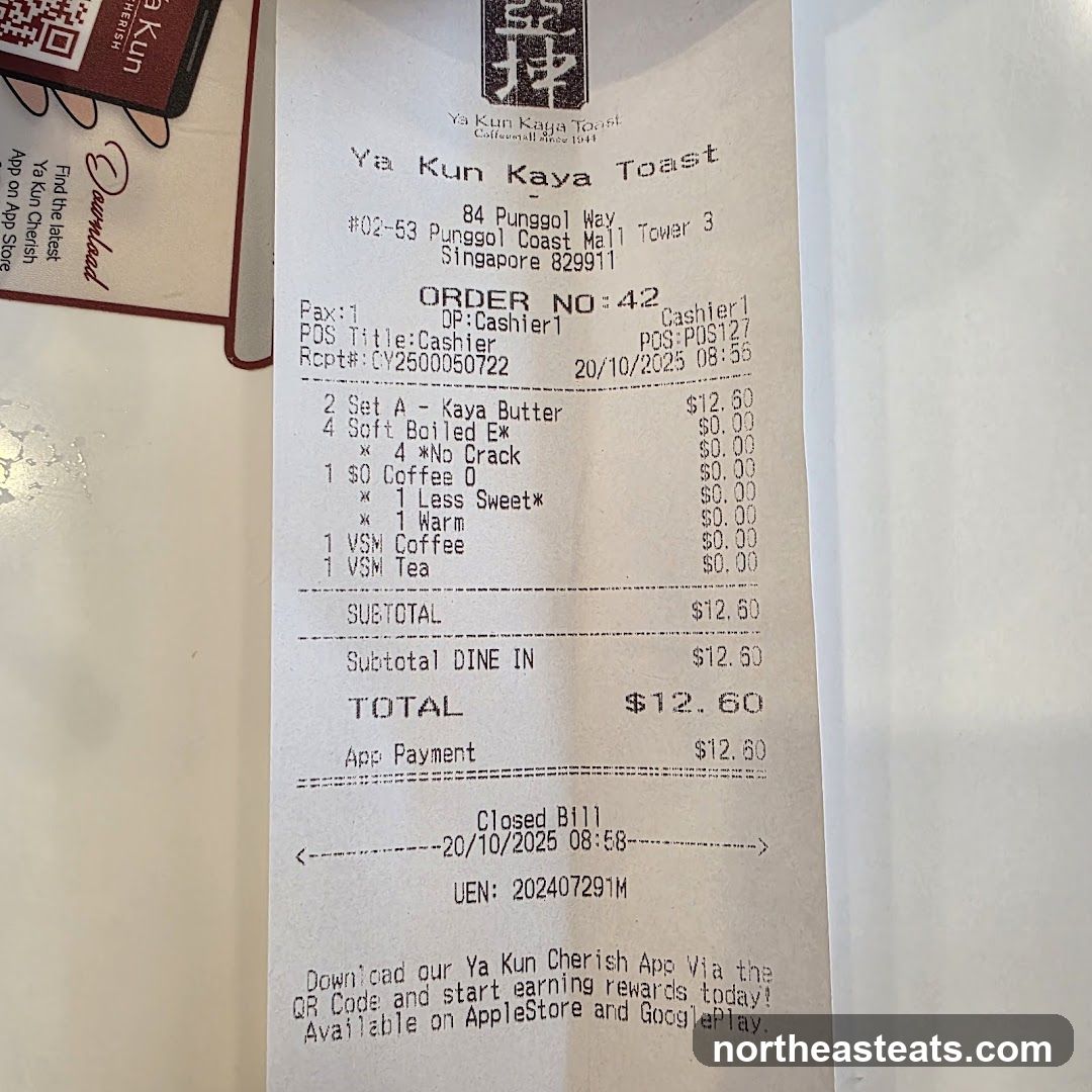 Receipt from Ya Kun Kaya Toast