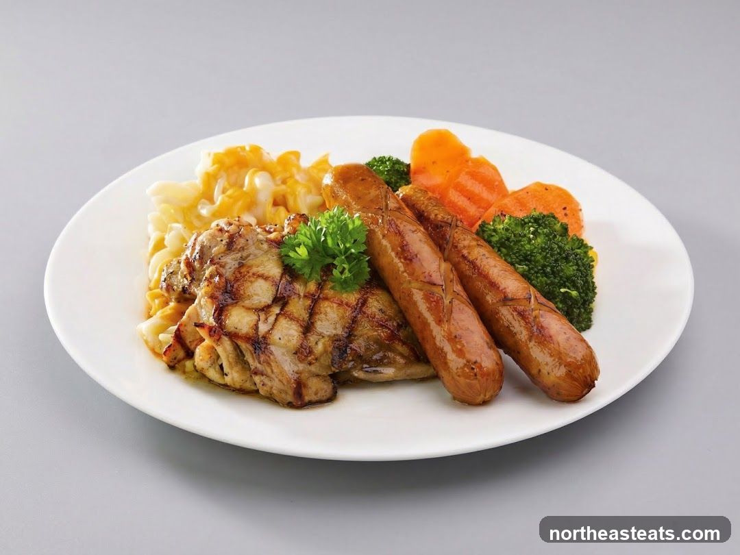 Grilled Chicken and Sausages with Macaroni and Vegetables