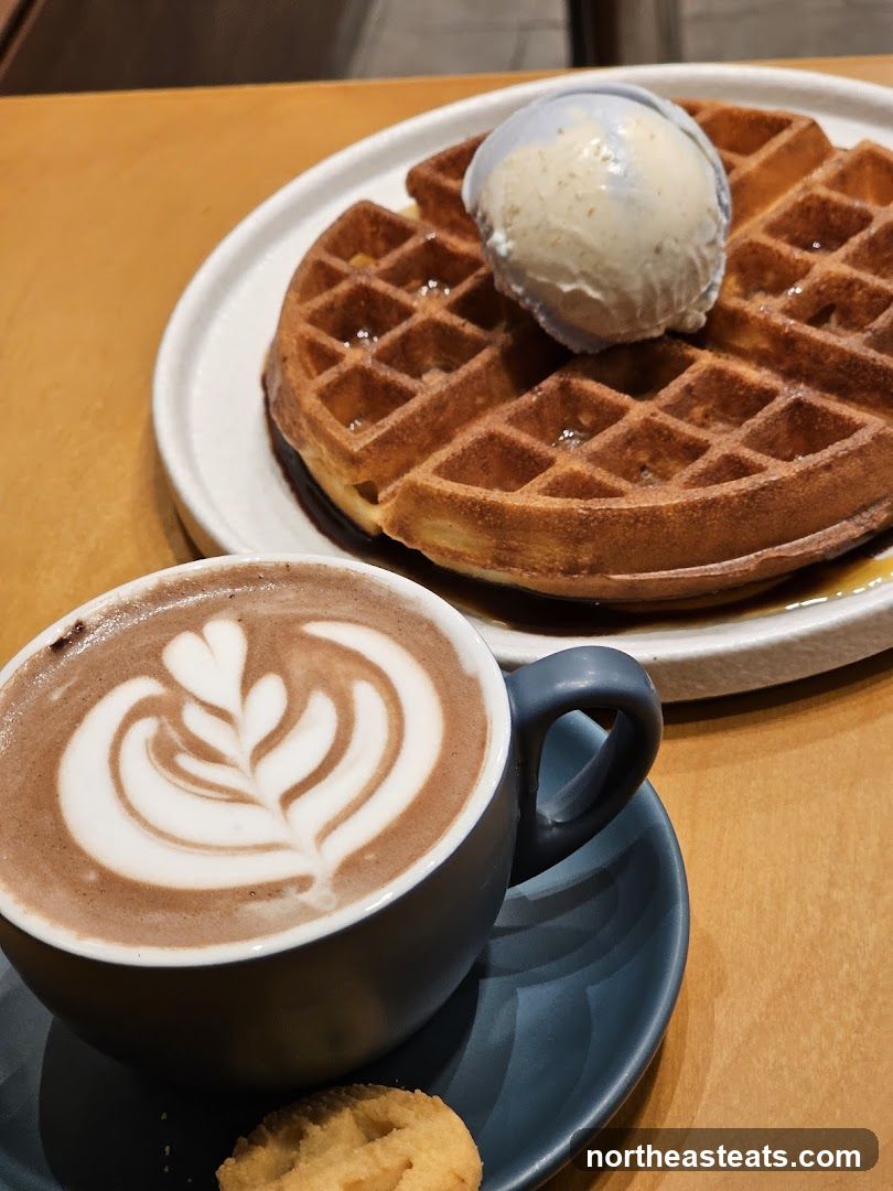 Waffle with Ice Cream and Hot Chocolate
