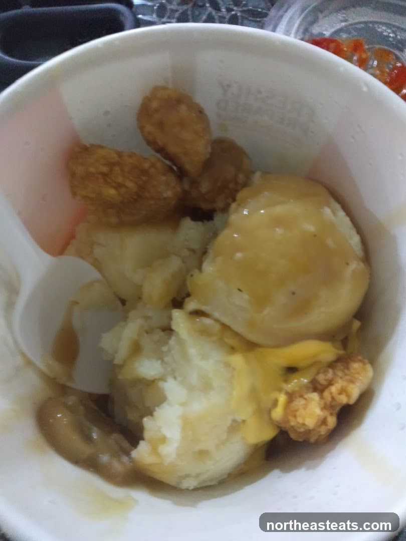 Mashed Potatoes with Gravy and Fried Chicken Bites