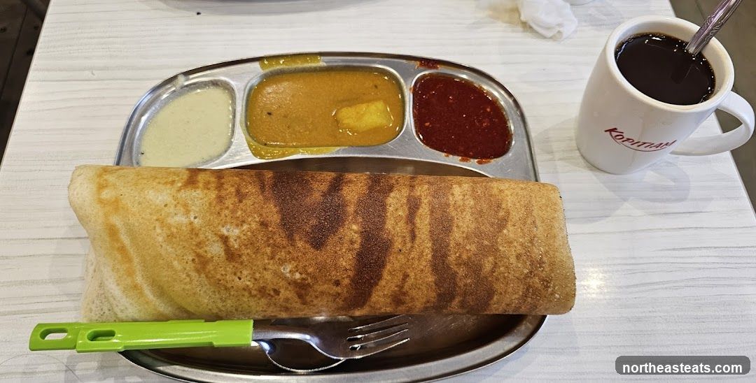 Dosa with accompaniments and coffee