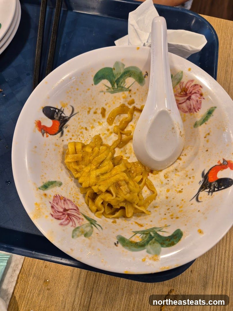 Partially Eaten Noodles on Decorative Plate