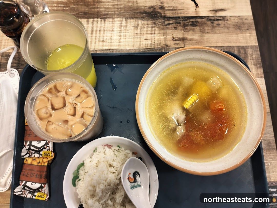 Meal Tray with Soup, Rice, and Drinks