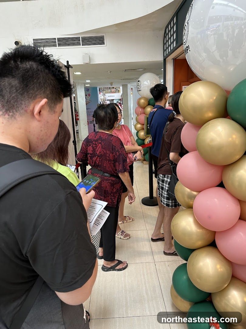 People in line with balloons
