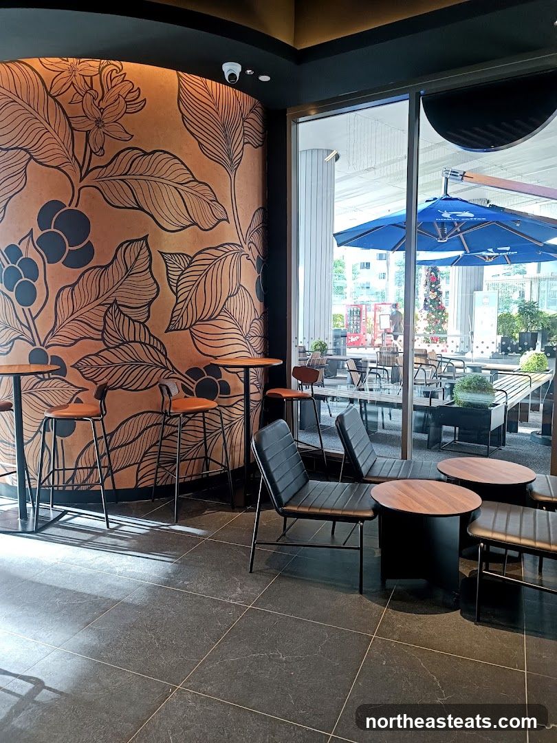 Modern cafe interior with botanical mural