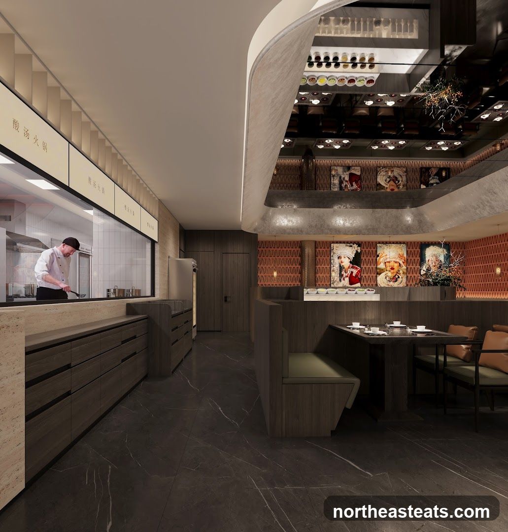 Restaurant Interior with Chef and Dining Area
