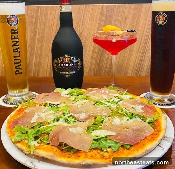 Pizza with Prosciutto and Arugula, Beer, and Cocktail