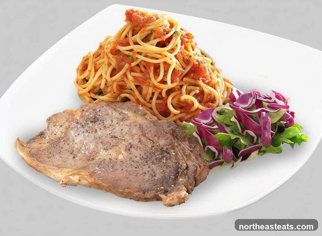 Steak, Spaghetti, and Salad