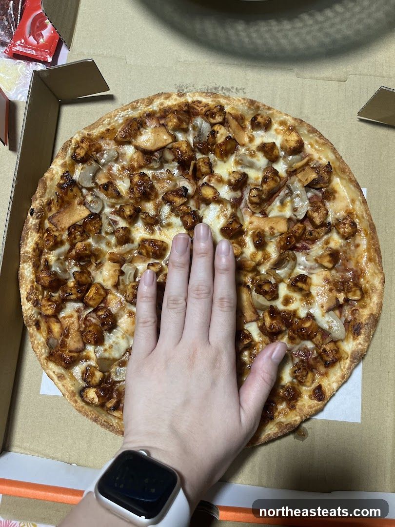 Pizza with hand for scale