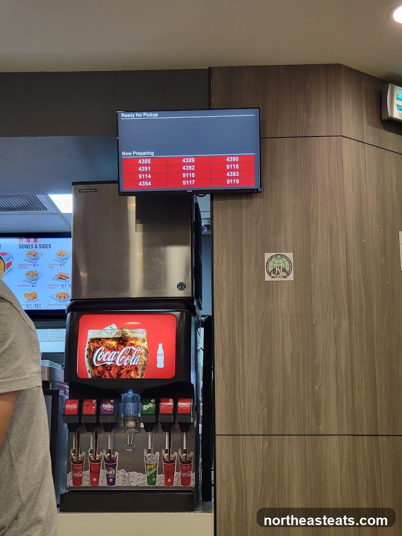 Order Pickup Screen and Soda Fountain