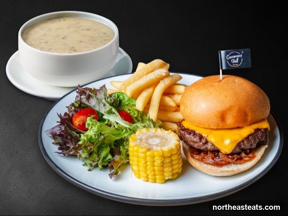 Burger, Fries, Soup, and Salad
